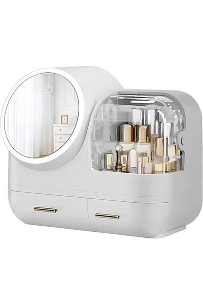 Kardett White cosmetic organizer with LED mirror, fan, compartments, drawers, USB charging, box