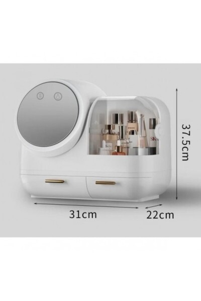 Kardett White cosmetic organizer with LED mirror, fan, compartments, drawers, USB charging, box