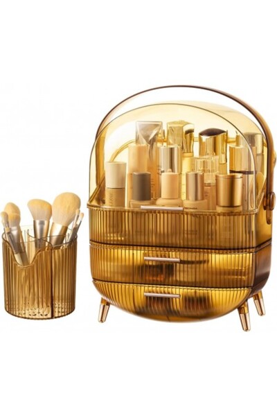 Kardett Yellow organizer box for cosmetics and makeup, with transparent lid and 3 drawers for the bathroom,