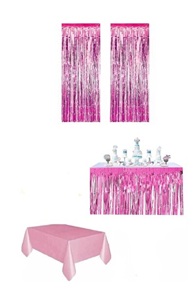 GOLDCENTER Pembe Renk Metalize Perde Metalize Masa Eteği Plastik Masa Örtüsü ...