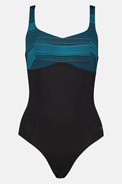 SPEEDO بدلة سباحة نسائية مخططة بدون بطانة من قطعة واحدة، لون أسود