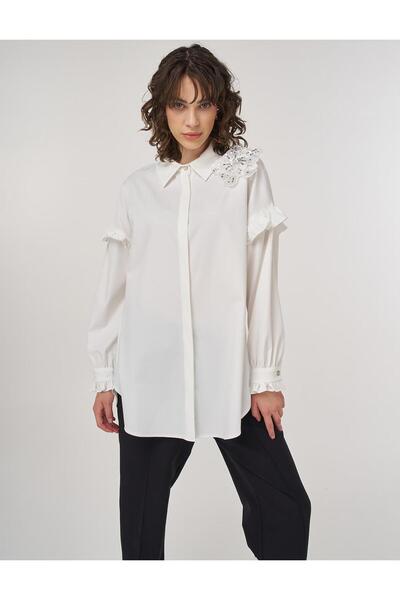 Kayra Stylish Tunic with Ruffle Detail Ecru