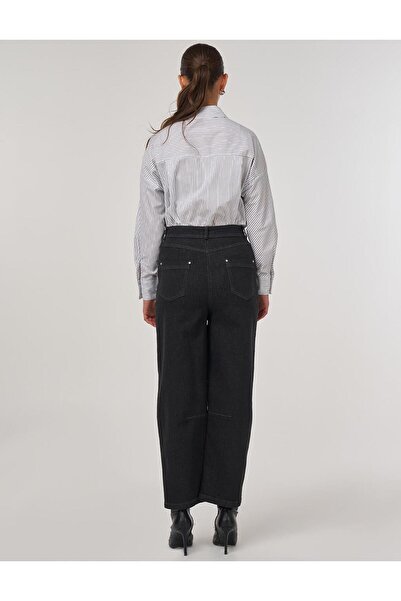 Kayra Stitch Detailed Wide Leg Denim Trousers Black