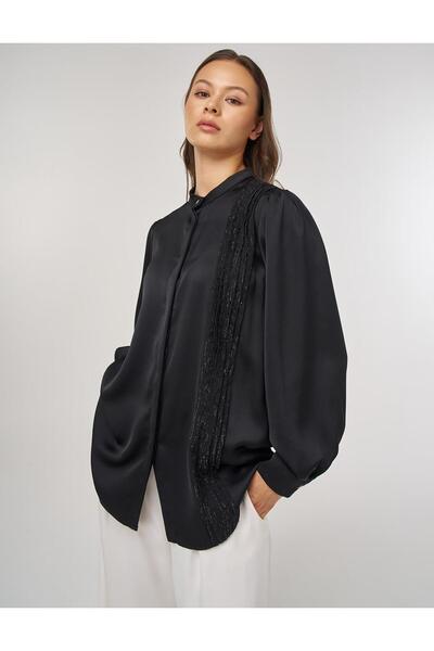 Kayra Sequin Garnished Satin Tunic Black