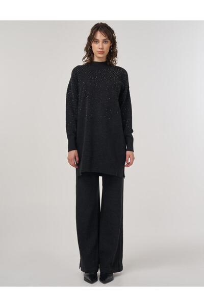 Kayra Hotfix Printed Knitwear Tunic Trousers Double Set Black
