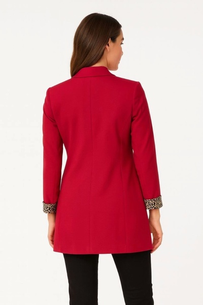 MODA Women's Red Swallow Collar Gold Buttoned Blazer Leopard Cuff Jacket - Red