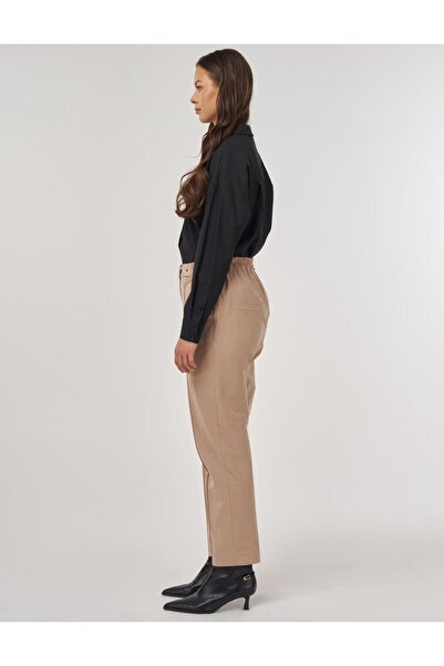Kayra Elastic Waist Belt Detailed Grass Carrot Trousers Beige