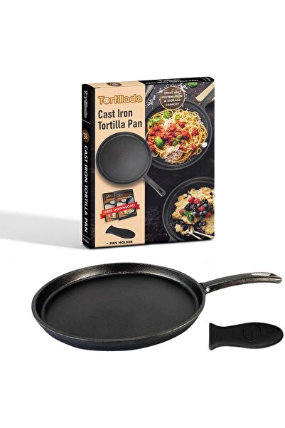 erorex 26Cm Pre Seasoned Cast Iron Griddle/Pan + Hot Handle Holder + Recipes E Book 50 Tortilla Recipes