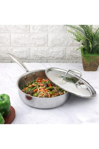 erorex Platinum Tri Ply Stainless Steel Induction Friendly Saute Pan 2.6 Litre | Fry Pan Ss Lid 24 Cm,