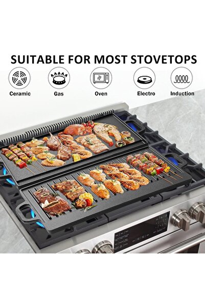 erorex Cast Iron Reversible Griddle, 2 1 Cast Iron Griddle Handles, Rectangular Grill Pan Preseasoned &