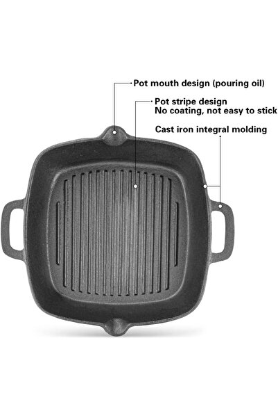 erorex Square Grill Pan Cast Iron, Pan Skillet Grill Pan Easy Grease Draining Grilling Bacon, Steak,
