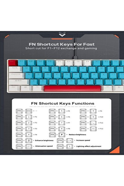 erorex لوحة مفاتيح ألعاب RGB مكونة من 61 مفتاحًا، مقاومة للماء بنسبة 60%، سلكية صغيرة، مضادة للظلال، أغطية مفاتيح بثلاثة ألوان
