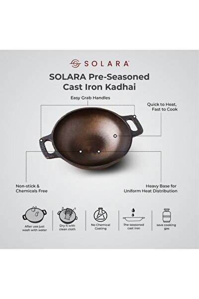 erorex Pre Seasoned Cast Iron Kadhai 10 Inch , Ready Use Deep Frying Kadhai 2.5 Kg, Naturally Nonstick