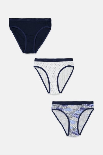 DİM Kids Girl 3 Pcs Cotton Stretch Allover Print Panty, Blue and White and Navy