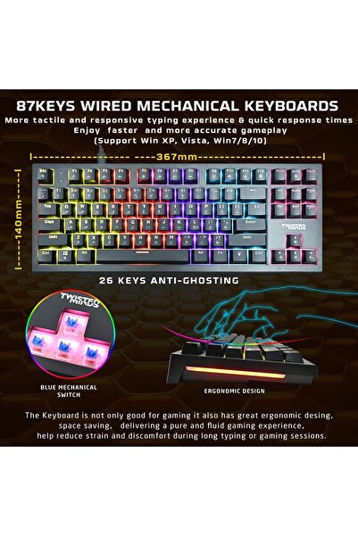 erorex مجموعة ألعاب 4 1 - لوحة مفاتيح ميكانيكية سلكية Tm Horizon X بـ 87 مفتاحًا و6 مستويات Dpi وماوس RGB LED بألوان قوس قزح