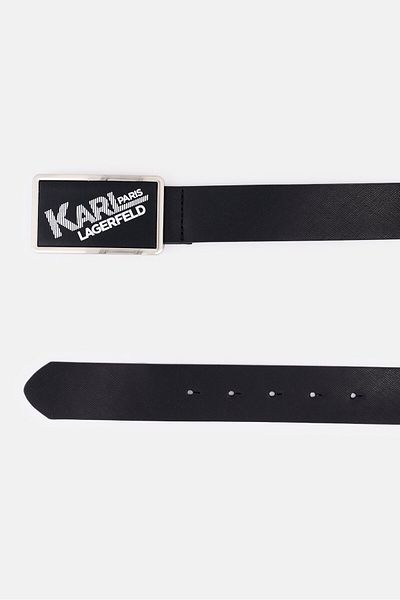 Karl Lagerfeld Men Brand Logo Leather Adjustable Buckle Belt, Black