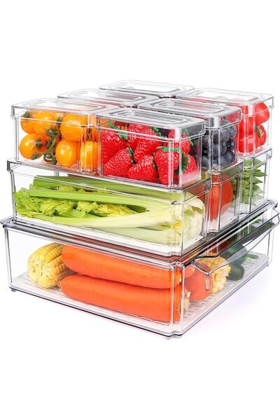 erorex 10 Pack Fridge Organizer, Stackable Refrigerator Pantry Organizer Bins Lids, Clear Plastic Food