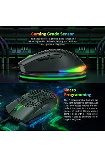 erorex ماوس ألعاب سلكي RGB خفيف الوزن للغاية مع هيكل قرص العسل بدقة 7200 نقطة في البوصة و7 أزرار قابلة للبرمجة