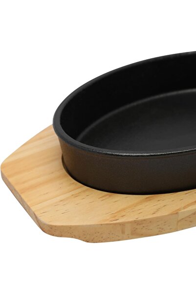erorex 21.5Cm*14.50Cm Oval Cast Iron Skillet Wooden Base | Roasting Pan Cooking Grilling | Oven Safe Cast