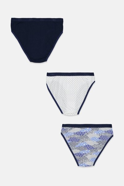 DİM Kids Girl 3 Pcs Cotton Stretch Allover Print Panty, Blue and White and Navy