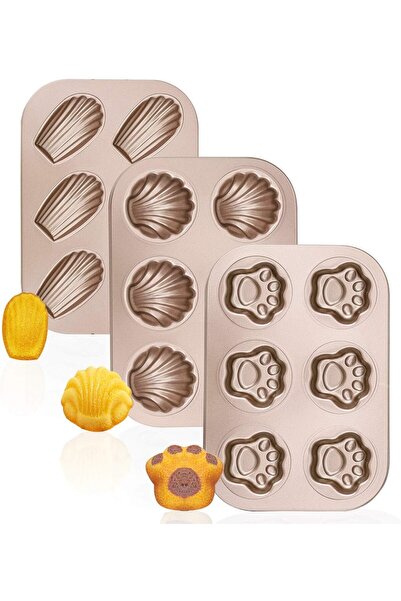 erorex قوالب مادلين، عبوة من 3 قطع، مقاس 10×7 بوصة، 6 تجاويف، قوالب كيك وكوكيز غير لاصقة على شكل قطة، مصنوعة من الفولاذ الكربوني