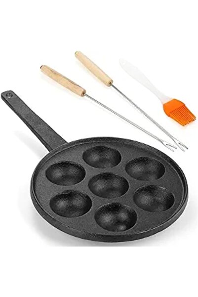 erorex Cast Iron Aebleskiver Pan, Half Sphere Takoyaki Maker Turn Sticks 6 Forks, 2" Poffertjes Danish