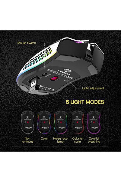 erorex ماوس ألعاب لاسلكي قابل لإعادة الشحن Honeycomb ماوس ألعاب لاسلكي RGB Light/صامت