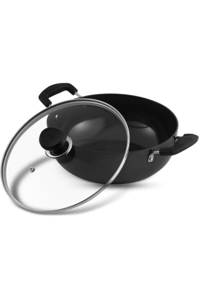 erorex Hard Anodized Deep Kadai With Ss Glass Lid 34 Cm, 9.5 Ltr Non Induction