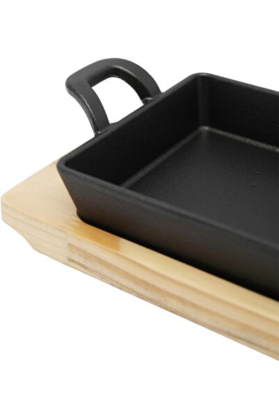 erorex 20Cm*12.5Cm Rectangular Cast Iron Skillet Side Handles Wooden Base | Roasting Pan Cooking Grilling