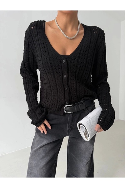 ufukmoda Small Knitted Knitwear Cardigan with Small Buttons Black