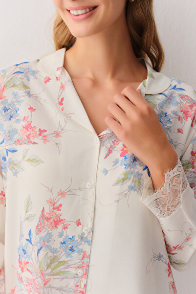 SUWEN Flower Shirt Collar Pajama Set