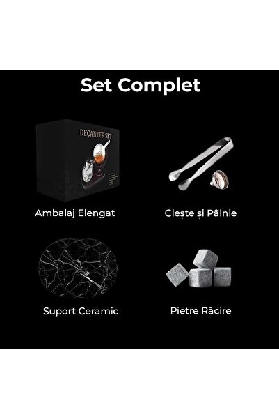 Elindor Set de decantoare glob pentru whisky 850 ml, pahare gravate și suport din lemn, transparent