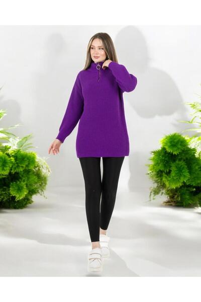 Sortie Σελανίκι Πλεκτό Μισό Φερμουάρ ψηλός λαιμός oversized Πλεκτό Τούνικ Μωβ