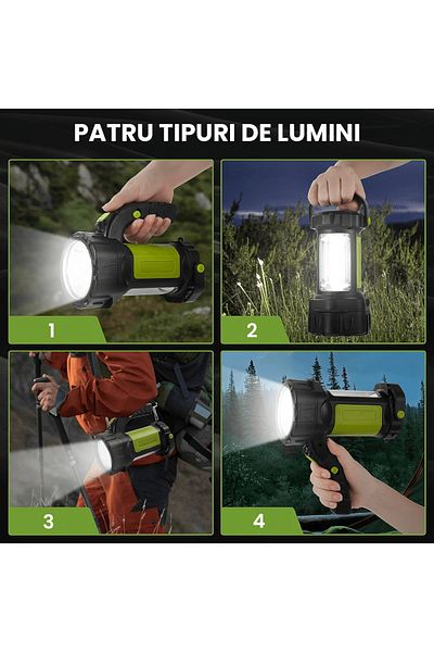 Elindor Rechargeable Camping LED Flashlight, 800LM, 500m, 3600mAh Battery, 4 in 1, 7 Modes, Green/Black