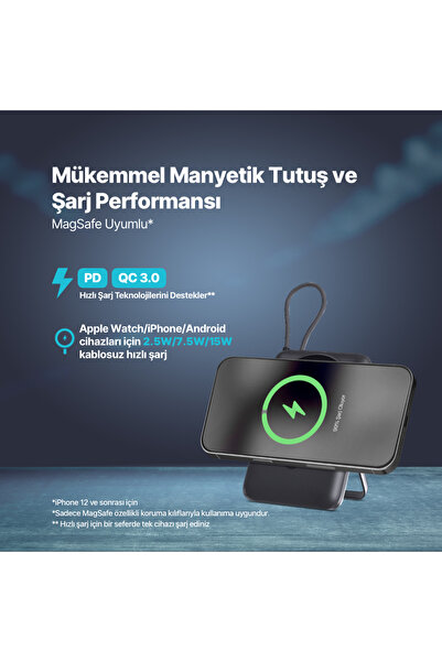 Ttec ReCharger M LCD 10.000mAh MagSafe Uyumlu PD 20W USB-C Dahili Kablolu Stantlı Taşınabilir Hızlı Şarj