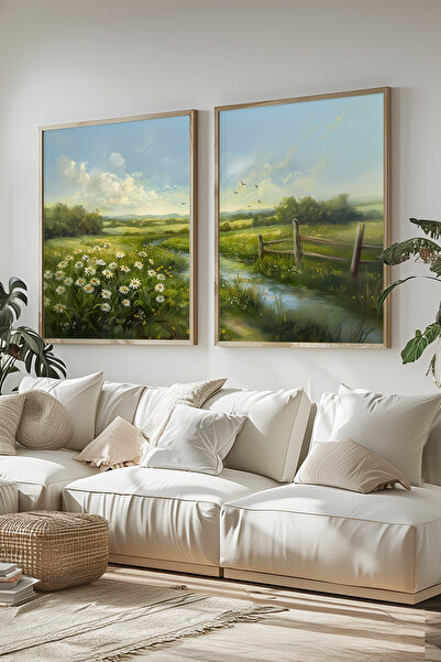 STARYUNA Ahşap Çerçeveli Papatya Tarlası Doğa Manzaralı Yağlıboya Efektli İki...