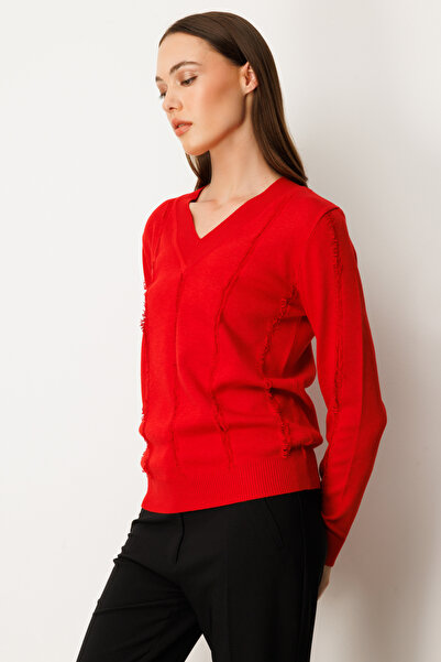 Genel Markalar Yaka Şerit Kırçıllı Triko Kazak