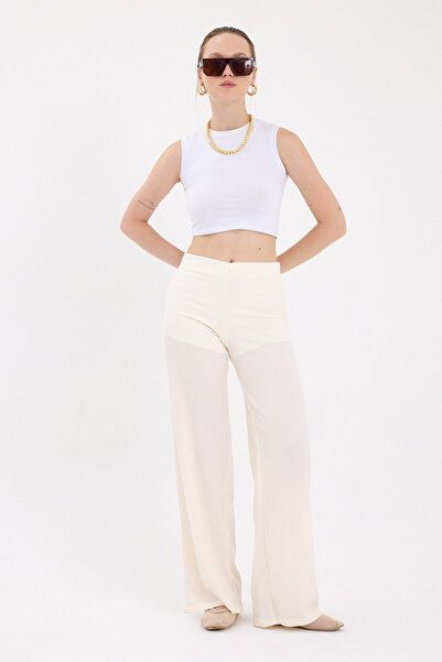 Rays Ekru Bol Paça Bel Lastikli Bürümcük Kumaş Pantolon 2466