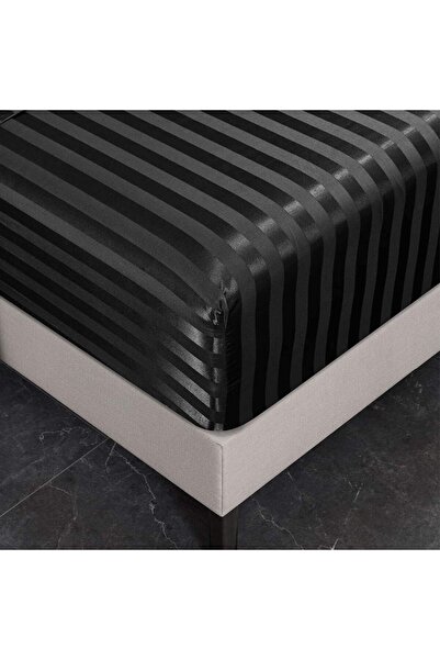 Luofanfei Fitted sheet, 180x200, satin, 30cm, premium bed protector, black with stripes