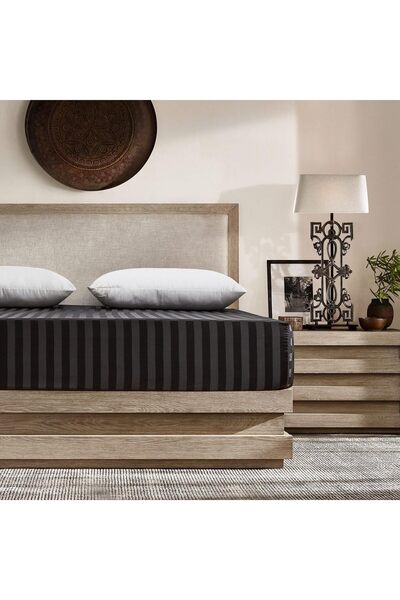 Luofanfei Fitted sheet, 180x200, satin, anthracite gray, 30cm, premium bed protector, gray with stripes