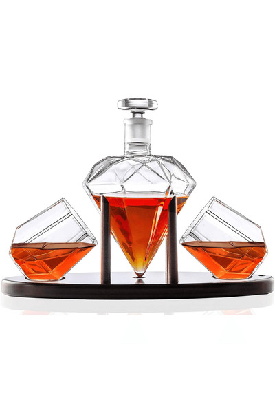 Elindor Diamond Shaped Whiskey Decanter Set with 2 Glasses and Mahogany Wood Stand, 750 ml, Elegant