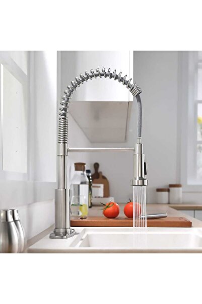 Elindor Baterie chiuvetă bucătărie cu duș extractibil, monocomandă, gură înaltă, 360°, oțel inoxidabil, argintiu