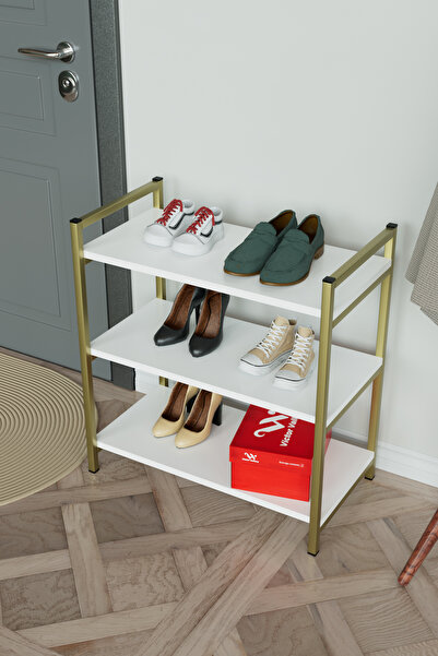 Hediyeler Kapında 3 Raflı Ayakkabılık Antre Hol Ayakkabı Standı Gold Metal