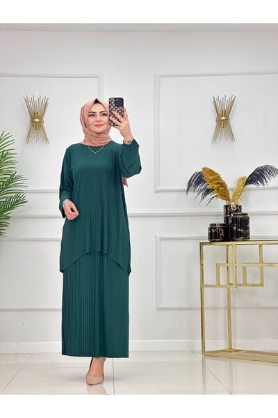 Enans Design Women's Hijab 2 Piece Set Pleated Skirt & Tunic Asymmetrical Set