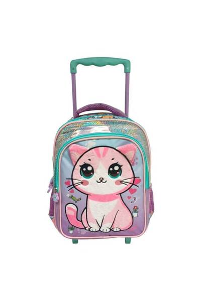 Lumi LUXURY Lilac Green Kindergarten Trolley Bag with Big-Eyed Cat Pattern