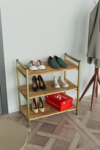 Hediyeler Kapında 3 Raflı Ayakkabılık Antre Hol Ayakkabı Standı Gold Metal
