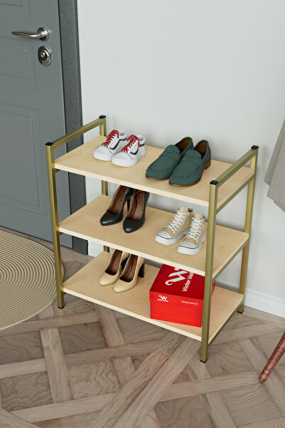 Hediyeler Kapında 3 Raflı Ayakkabılık Antre Hol Ayakkabı Standı Gold Metal