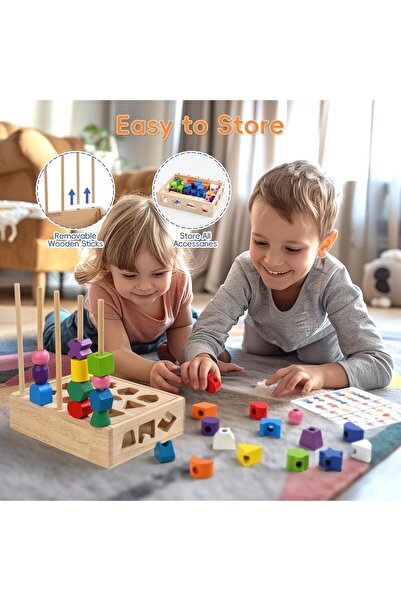 genernic 3-in-1 Wooden Montessori Sorting & Threading Toy Set — Shape Matching Bead Sequencing for Toddlers