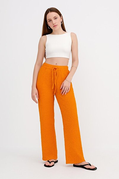 HAKKE Seersucker Textured Waist Lace-Up Relaxed Fit Trousers