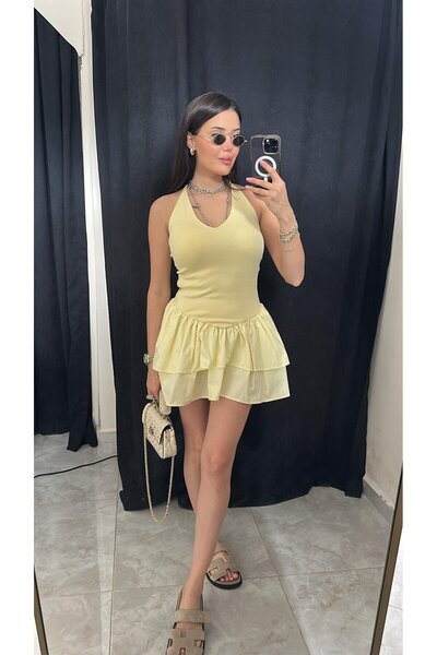 AlisaSu Yellow V Cut Out Layered Halter Neckline Back Cut Out Flounced Mini Dress